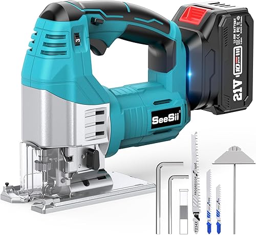 Seesii Akku Stichsäge mit 4000mAh Batterie, Werkzeuglose Sägeblattaufnahme, Max. 45°Schrägschnitte, Elektro-Stichsäge inkl. 9 Sägeblatt, geeignet für Holz, PVC, Sperrholz und Metal - Cheap-Us