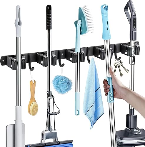 MOREMOCO Besenhalterung Wand, Besenhalter Gerätehalter Gartengerätehalter Wandhalterung Edelstahl Besen Mop Halter Selbstklebend Werkzeughalter Organizer mit 5 Halter und 4 Haken - Cheap-Us