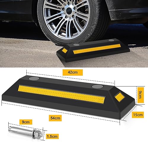 Sonnewelt 2 x Gummi Radstopper, 54x15x10cm Parkplatzbegrenzung, Parkplatzsperre mit Gelb Reflektierende Streifen, Parkstopper mit Dehnschraube, Parkplatzsperren für Parkplätze Garage Parkhäuser - Cheap-Us