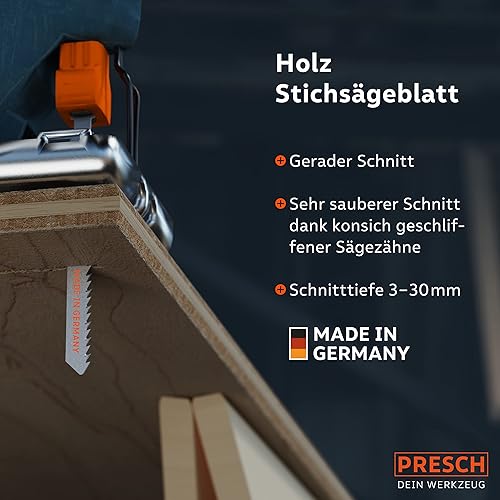 Presch Stichsägeblätter Holz 10 Stk. - Extrem schneller, gerader Schnitt (5-50mm) - Profi Stichsägeblatt Set - T-Schaft für jede Stichsäge - Sägeblätter für Küchenarbeitsplatten, OSB, uvm. - Cheap-Us