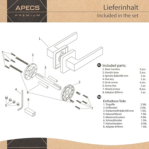 APECS Türgriffe innentüren Modern Türklinke für Haustür und Innentür mit quadratisch Rosetten Türgriff graphit matt Drückergarnitur mit Befestigungsmaterial Türbeschlag Modell CAPELLA BB - Buntbart - Cheap-Us
