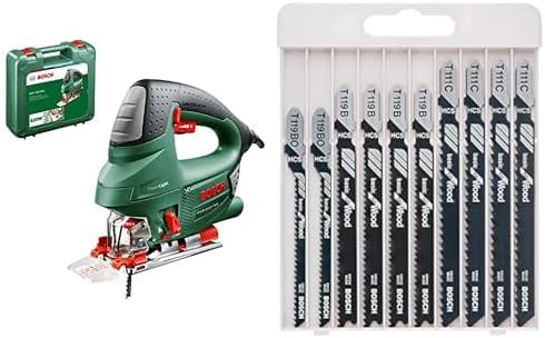 Bosch Stichsäge PST 900 PEL (620 Watt, Schnitttiefe 90 mm, im Kunststoffkoffer), Testnote: Testsieger (Magazin: Heimwerker Praxis) & Professional 10tlg. Stichsägeblatt Set Basic for Wood Schwarz - Cheap-Us