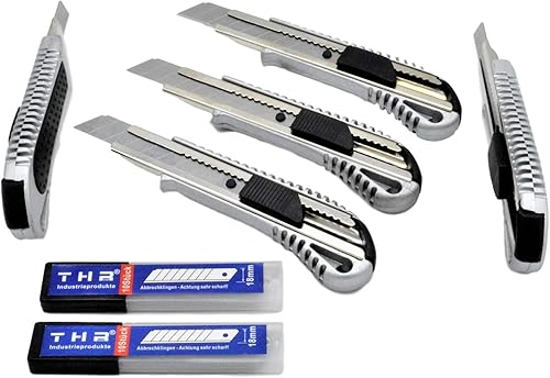 THR Industrieprodukte 5 Stück Alu Profi Cuttermesser THR Druckguss Teppichmesser 18mm Abbrechklinge Mehrzweck Messer + 20 Klingen, Gummi - Cheap-Us