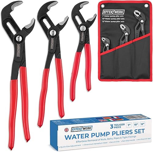 EffektWerk 3-teiliges Wasserpumpenzangen-Set (18 cm, 25 cm, 30 cm), rutschfester Klempnerschlüssel, Nut- und Federzange mit verstellbaren Backen - Cheap-Us
