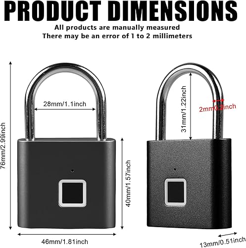 Vorhängeschloss Fingerabdruck, Schloss mit Fingerabdruck, Wetterfest, USB-Aufladung Fingerabdruck Schloss, Vorhängeschloss mit Fingerabdruck für Fitnessstudio, Gepäck, Lagerhäuser, Spind (Schwarz) - Cheap-Us