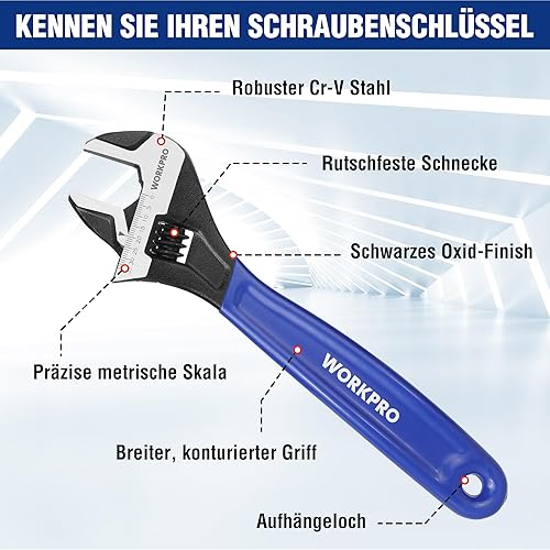 WORKPRO Schraubenschlüssel 150 mm Rollgabelschlüssel, Verstellbarer metrischer Einmaulschlüssel aus Cr-V Stahl und weichem Bi-Material-Griff - Cheap-Us