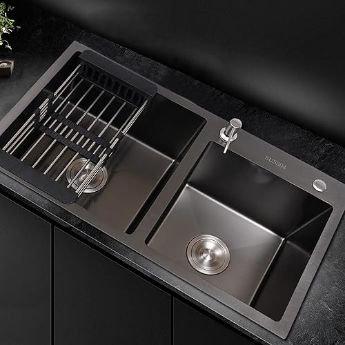 Edelstahl 304 Unterbauspüle Doppelspüle Küchenarmatur Unterbauspüle Rechteckige Spüle 78 x 43 x 22 cm Schwarzes Set - Cheap-Us