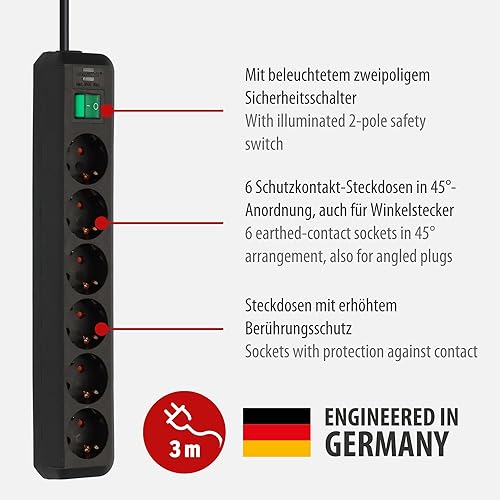 Brennenstuhl Eco-Line, Steckdosenleiste 6-Fach (Steckerleiste mit erhöhtem Berührungsschutz, Schalter und 3m Kabel) schwarz - Cheap-Us