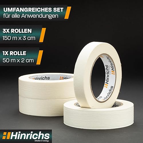 Hinrichs Kreppband 7x - Abklebeband 6 Rollen 50m x 30mm + 1 Rolle 50m x 20mm - Maler Klebeband zum Streichen und Lackieren - Abdeckband für Malerarbeiten - Malerkrepp für Renovierung & Auto - Cheap-Us