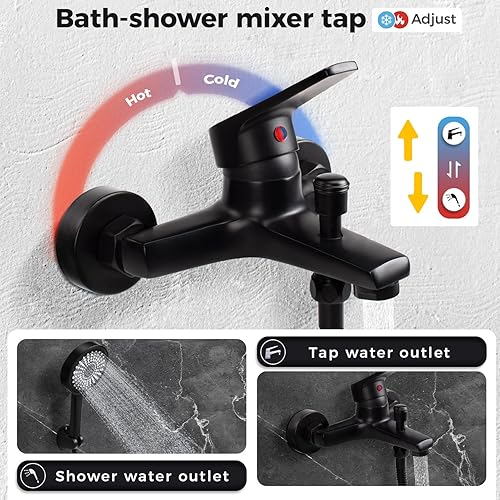 Badewannenarmatur mit Handbrause,Duscharmatur Wasserhahn Messing Wannenarmatur Wandmontage Badarmatur Handbrause mit 5 Funktionen Badewannenhahn mit Druckschalter Duschsysteme für Badezimmer (Chrom) - Cheap-Us