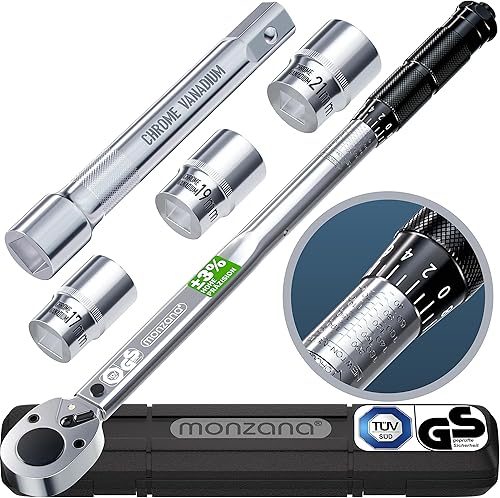 Monzana® Drehmomentschlüssel 6tlg. Set 40-210Nm TÜV Süd GS 1/2' Zoll CrV +/- 3% Toleranz Wende Ratschenkopf inkl. 3 Stecknüsse 17, 19, 21mm Verlängerung inkl. Koffer Auto Motorrad - Cheap-Us