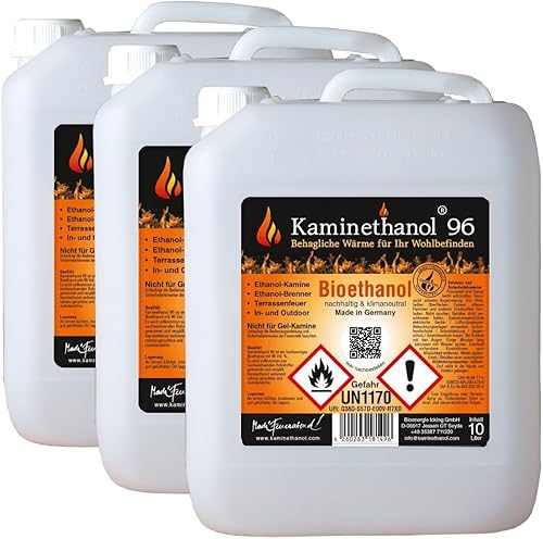 Kaminethanol Icking 30 Liter Bioethanol 96,6% (3 x 10 L) Premium Qualität - direkt vom Hersteller für Ethanol Kamine, Alkohol-Brenner, Terrasenfeuer, Raumfeuer und Gartenfackeln - Cheap-Us
