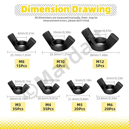 Mardatt 125 Stück SAE Flügelmuttern Sortiment Set, 6 Größen Carbon Stahl Butterfly Flügelmuttern Schwarz Flügelmuttern Befestigungselemente 3/8”-16, 5/16”-18, 1/4”-20, #10-24, #8-32, #6-32 - Cheap-Us