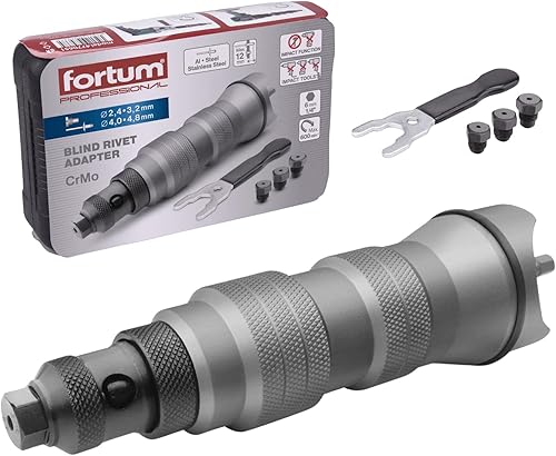 Fortum Nietaufsatz für Akkuschrauber & Bohrmaschine I Nietgerät für Blindnieten aus Alu, Stahl & Edelstahl I Blindnietvorsatz für 2,4-4,8 mm Nieten I Nietpistole Adapter - Cheap-Us