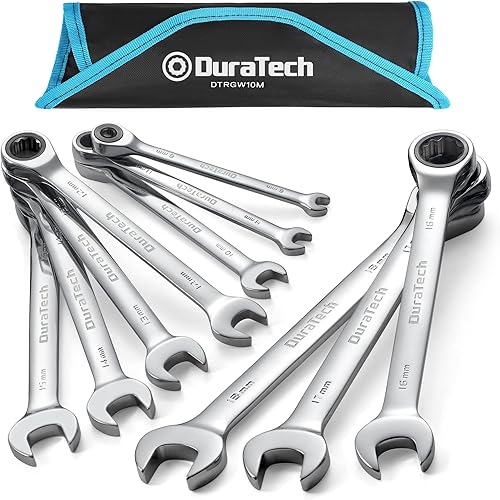DURATECH Ratschenschlüssel Set, 10-teilig, 6-18 mm, Gabelschlüssel Ringmaulschlüssel Ring-Satz, mit 72 Zähnen, 5° Schwenkbereich, Chrom-Vanadium-Stahl, inkl. Rolltasche - Cheap-Us