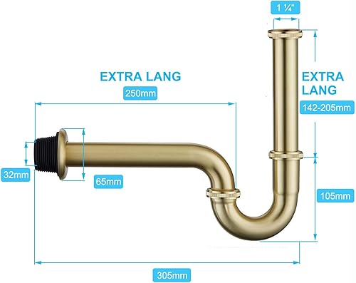 Siphon [Extra Lang 200mm Tauchrohr] für Waschbecken & Waschtisch, Keymark Messing Röhrensiphon Universal 1 1/4 x 32mm, Geruchsverschluss mit Verlängerung, Abflussgarnitur passgenau, Schwarz matt - Cheap-Us