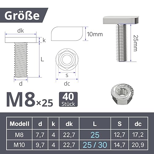 ORTAVA Hammerkopfschrauben M8x25, 24 Stück Hammerkopfschraube M8 Edelstahl A2-70 mit Flanschmuttern, Stockschrauben, Gewächshaus Schrauben für PV Solar Montageschienen, Photovoltaik - Cheap-Us