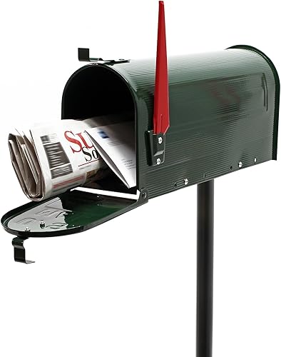 Wiltec Set US Mailbox grün 180 x 220 x 480 mm, amerikanischer Briefkasten mit Fahne, Standbriefkasten Stahl amerikanisches Design mit passendem Standfuß - Cheap-Us