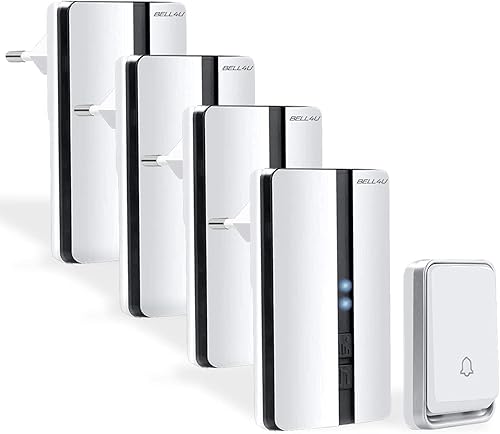 Bell4U Kabellose Funk Türklingel - Batterielose Funkklingel mit Vier Empfängern - Wasserdicht - 4 Lautstärkestufen - 52 Klingeltönen - Klingel Haustür - Funkklingel Aussen (4, Weiß) - Cheap-Us