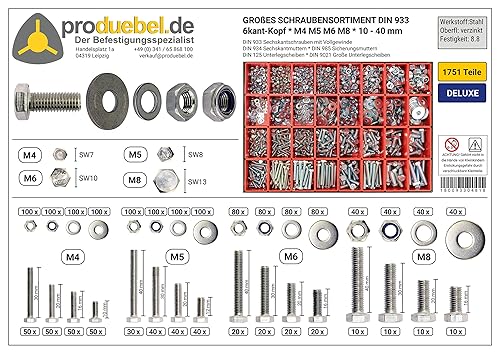 Großes Schrauben-Sortiment DIN 933 M4/M5/M6/M8 Stahl verzinkt (DIN933+934+985+125+9021) 1751-tlg (Standard-Box) - Cheap-Us