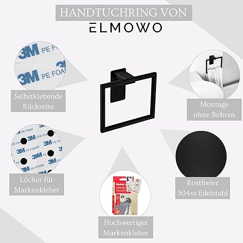 ELMOWO - Premium Edelstahl Handtuchring ohne Bohren selbstklebend inkl. Spezialkleber (extrem sicherer Halt) Design Handtuchhalter Ring für Bad, WC & Küche - Moderne Handtuch Halterung eckig (schwarz) - Cheap-Us
