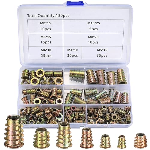 Gaomoeny 130 Stück Gewindeeinsatz, Holz Einschraubmutter Set, M4 M5 M6 M8 M10 Einschraubmuffen, Gewindehülsen, Innengewinde Einsätze Gewinde Muffe für Holz Möbel - Cheap-Us