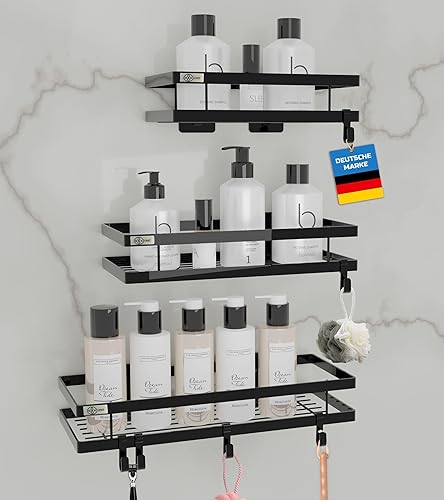 MN UNIT® Duschablage ohne Bohren - Badregal-3er Set, Rostbeständiges Wanddregal mit 6X Haken, Schwarz Matt für das Badezimmer, Küche zum Aufbewahrung von Zubehör. Duschablage ohne Bohren Schwarz - Cheap-Us