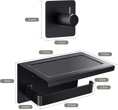 Acmetop Toilettenpapierhalter ohne Bohren Aluminium Klopapierhalter mit 17 cm Ablage, Selbstklebende WC Papier Halterung mit 2 Klebehaken Wandmontage Klorollenhalter für Küche und Badzimmer Schwarz - Cheap-Us
