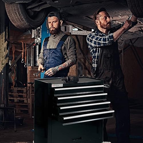 Arebos Werkstattwagen 4 Fächer + großes Fach für Werkzeug Kratzfeste Oberfläche | inkl. Antirutschmatten | kugelgelagerte Schubladen Interlock-System | 2 Rollen mit Feststellbremse | Schwarz - Cheap-Us