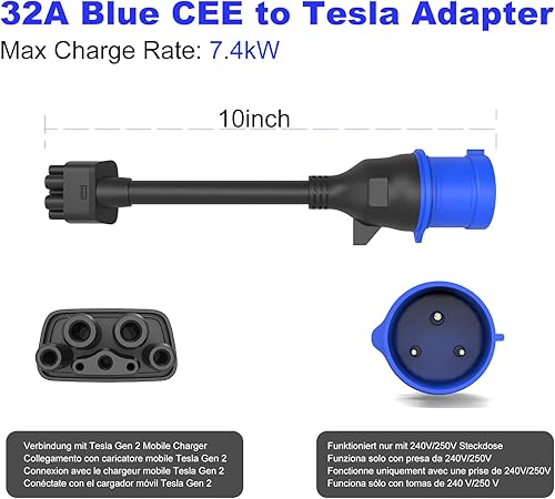 HASA zone 3Pin Blauer CEE Adapter für Tesla Gen 2 Mobile Charger, Tragbares EV Ladegerät Verlängerungskabel zu 240V Steckdose bei 32A, Kompatibel mit Tesla Model 3/S/X/Y - Cheap-Us