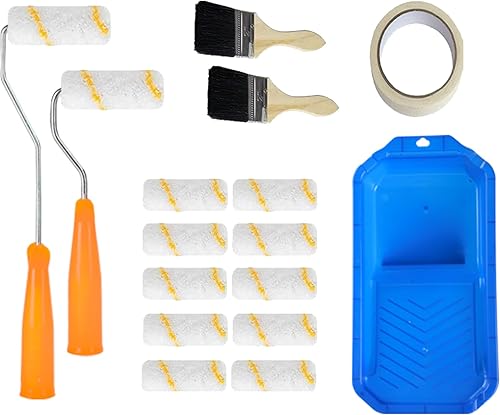 Malerset 16-teilig, Farbroller Set mit Farbwanne Kreppband, 2x Pinsel,10x 10cm Farbroller und 2x Steckbügel Groß/Klein, Mini Farbroller Pinsel für Familienzimmer Wand Architekturdekoration - Cheap-Us