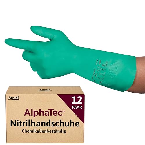 Ansell AlphaTec 37-185 Nitril-Arbeitshandschuhe, Industrie Chemikalien und Lebensmitteln, Chemikalien-Schutz Latexfrei, Chemie-Handschuh Säurefest, Damen Herren, Grün, Größe L (1 Paar) - Cheap-Us