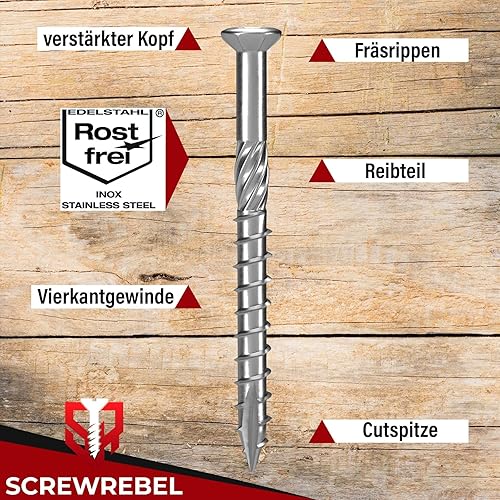 Terrassenschrauben 5 x 90 T-INOX - 400 Stück Edelstahl gehärtet C1, Torx 25 inkl. Edelstahl Bit - AISI 410 martensitisch - Cheap-Us