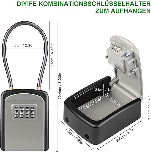 Diyife Schlüsseltresor mit Abnehmbares Kabel, Wasserdichter Schlüsselkasten Schlüsselbox für den Außenbereich, Aufhängbare Kombination Schlüsselsafe für Zuhause, Garage, Schule - Schwarz - Cheap-Us