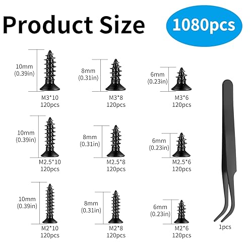 1080 Stücke Kleine Selbstschneidende Schrauben, M2/M2.5/M3 Holzschrauben, 6mm/8mm/10mm Flachkopf Kreuzkopf Blechschrauben Schrauben Set für Bürogeräte, Holzmöbel. (Schwarz) - Cheap-Us