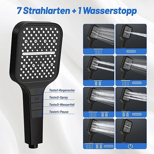 VEHHE Duschkopf Wassersparend, 7 Strahlarten Duschkopf Regendusche mit Stopptaste, Einhand-Einstellung und Anti-Stau-Silikondüse, Gross Duschbrause Druckerhöhend（Silber） - Cheap-Us