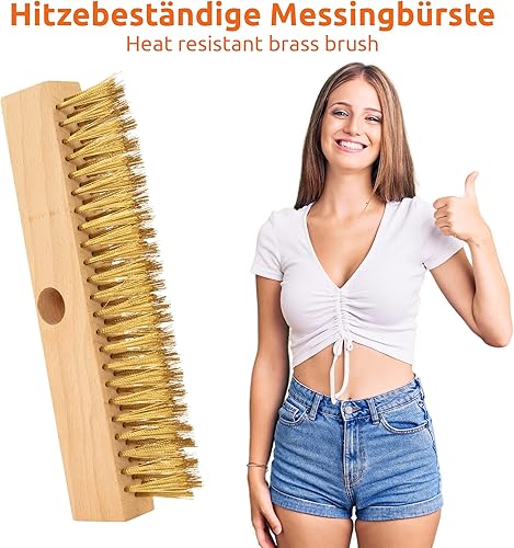 ECENCE Drahtbürste mit Messingborsten gewellt, Reinigung Pizzaofen, Holzbackofen, Räucherofen, Handbürste zum Entfernen von Ruß, Schmutz, Messing-Drahtbürste mit Schaber - Cheap-Us