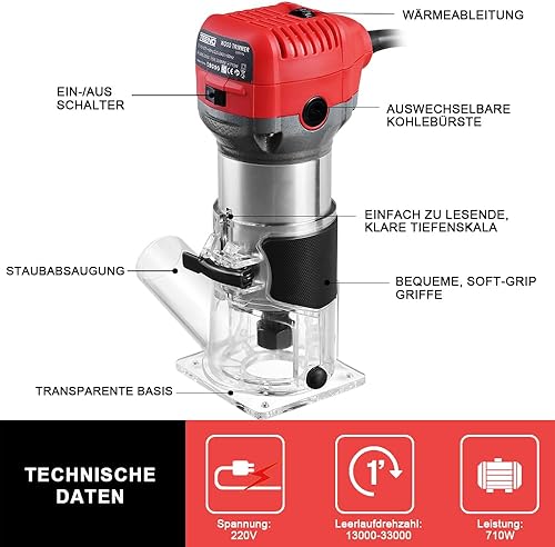 TEENO Holzfräse Oberfräse 710W 13000–33000 U/min mit Staubabsaugungsanschluss, Elektrik Kantenfräse Mit 5 Stück 1/4' Fräsen Cuter,6 Variable Geschwindigkeiten, Spannzange 6MM, 6.35MM, 8MM - Cheap-Us