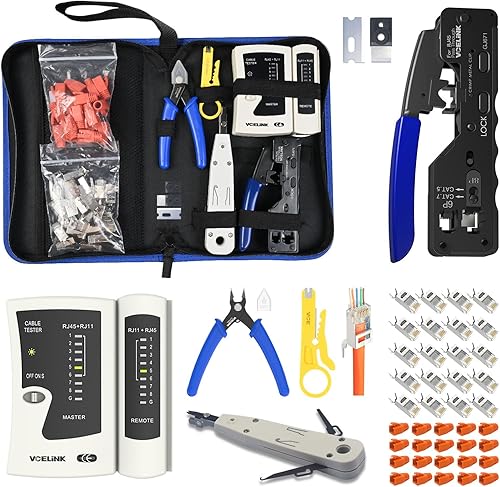 VCELINK Netzwerk Werkzeug Set, RJ45 Crimpzange mit 20 x RJ45 Stecker Cat7/Cat6a Pass Through, Netzwerktester, LSA Auflegewerkzeug, Abisolierzange, Profi RJ45/RJ11/RJ12 Reparaturwerkzeuge, Stofftasche - Cheap-Us