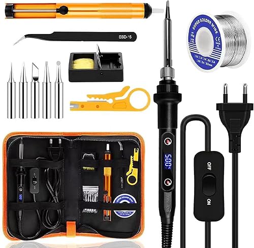 Lötkolben Set,80W LCD Lötkolben mit Einstellbar Temperatur 180-520°C,Ein/Aus Schalter,5 Wechselspitzen zum Löten,Entlötpumpe, Lötkolbenständer, Pinzette, Lötset für Elektrische Arbeiten. - Cheap-Us