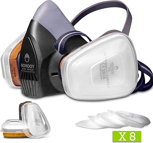 Gomooy Atemschutzmaske Gasmaske Doppelfilter | NEU DESIGN 8 ERSATZ FILTER INBEGRIFFEN | Halbmaske Staubmaske Atemschutz Arbeits Schutz Für Sprüh Chemikalien Pestizid Dämpfe Lackiermaske | - Cheap-Us