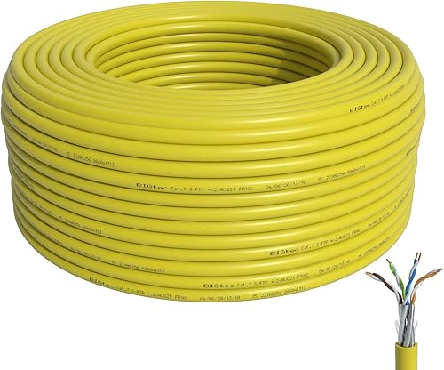 BIGtec Verlegekabel 20m CAT7 Kabel LAN Ethernet Gigabit Netzwerkkabel PIMF Kupfer Netzwerk Datenkabel AWG23 BauPVO GHMT gelb - Cheap-Us