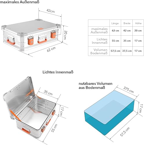 Alubox Alukiste abschließbar E39 - Premium Aluminium Lagerbox 39 Liter - Deckel mit Aluminium Druckguss Stapelecken und Gummidichtung - inklusive Schlösser - Cheap-Us