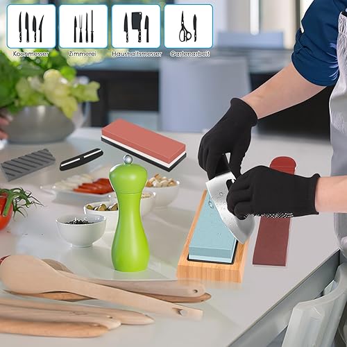ALPXUXP Schleifstein Set Körnung 400/1000 3000/8000 Professionell Nass Wetzstein Doppelseitiger（Mit Abflachungsstein,Lederriemen,Rutscharme Bambusbasis,Winkelführung） - Cheap-Us