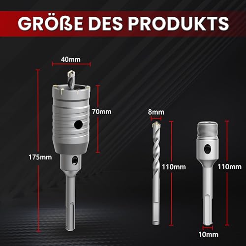 CSOOM 110 mm Beton-lochsäge mit 220 mm SDS-Plus verlängerung, Lochsägen-Set für Beton, Hohl-Bohrkrone Set, 4 Schneiden Zentrierbohrer 8x110mm, Hartmetallspitze, 2xZentrierbohrer - Cheap-Us