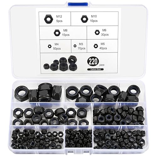 qxayxa 220 Stk selbstsichernde Muttern, Sechskantmuttern Sortiment Set, Sicherungsmuttern Nylon Einsatz Mutter, Schraubenmuttern Metallmuttern, M3 M4 M5 M6 M8 M10 M12, schwarz - Cheap-Us