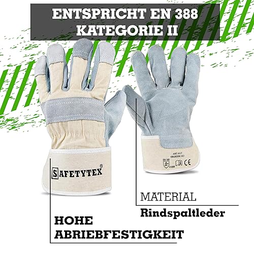 Safetytex Leder Arbeitshandschuhe - Rindspaltleder Handschuhe - Profi Rindspalt Handschuhe mit Canvas Stulpe - Verstärkte Fingerkuppen & Knöchelschutz - Größe 10,5 - Menge wählbar (3 Paar) - Cheap-Us