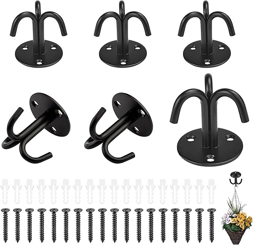 Ouzionz 6 Stück Decken Mit Schrauben Haken Deckenhaken, Deckenplatte Haken,3 Fach schwerlasthaken, Dreifachhaken Schwarz Wandhalterung für hängende Pflanzenhaken, Deckenventilator,Leuchter - Cheap-Us
