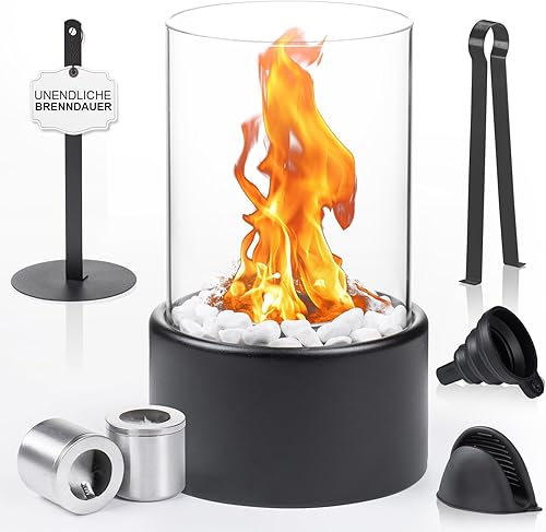 Tischkamin | Tischfeuer Set für Indoor und Outdoor | Ethanol Tischkamin mit Weiße Dekosteine und 2 Brennkammern | Bioethanol Tischkamin | Balkon Deko - Cheap-Us
