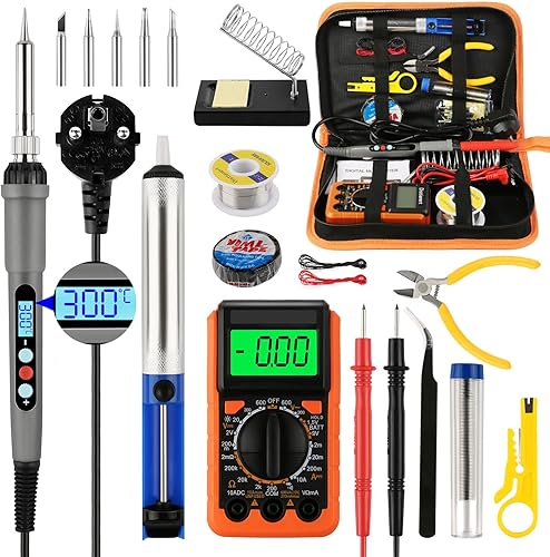 60W Lötkolben Set, Lötkolben, Lötkolben set elektronik,Temperatur Einstellbar 180-500℃,19 in 1 Lötset mit Digitalmultimeter, 5 Lötspitzen,Lötkolbenständer, Lötzinn,Entlötpumpe,Pinzette usw. - Cheap-Us